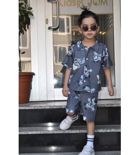 Unisex Polo Yaka Kısa Kollu Gri Disney Baskılı İkili Takım