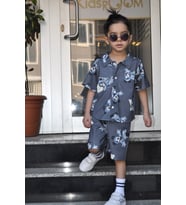 Unisex Polo Yaka Kısa Kollu Gri Disney Baskılı İkili Takım