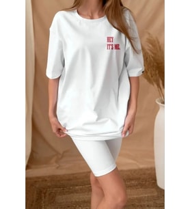 Unisex Baskılı Oversize T-Shirt - Beyaz