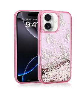 iPhone 16 Kılıf Sıvılı Simli Kelebek Baskılı Şeffaf Arka Yüzey Glis Silikon Kılıf (Pembe)