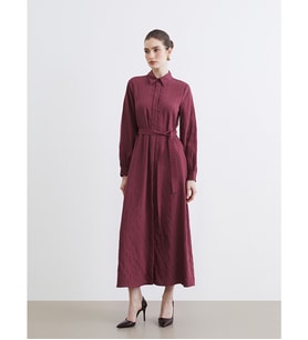 LCW Modest Bordo Kuşaklı Modal Karışımlı Gömlek Elbise