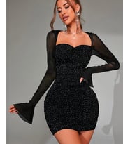 Real Passione Siyah Simli Parlak Kalp Yaka Transparan Uzun Kol Detaylı Mini Gecelik/Babydoll -1019