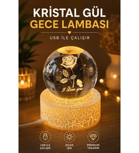 Kristal Gül Gece Lambası USB Bağlantılı Dekoratif Masa Lambası 3D Cam Küre Romantik Hediyelik Aydınlatma