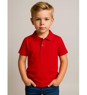 Çocuk Kırmızı Yakalı Dokulu Kumaş Yarım Kollu Okul T-shirt