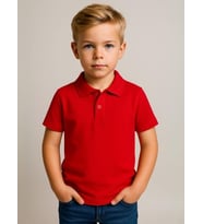 Çocuk Kırmızı Yakalı Dokulu Kumaş Yarım Kollu Okul T-shirt