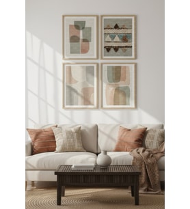 Pastel Formlar Dekoratif 4’lü Ahşap Çerçeveli Tablo Seti - Modern Salon Dekor