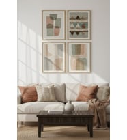 Pastel Formlar Dekoratif 4’lü Ahşap Çerçeveli Tablo Seti - Modern Salon Dekor
