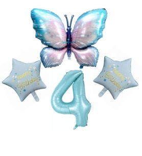 Mavi Kelebekli Happy Birthday 4 Yaş Folyo Balon Set