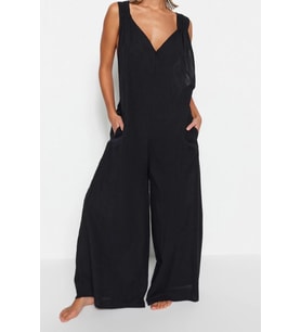 Kadın Moda Kalın Askılı Boru Paça V Yaka Düz Desen Uzun Dokuma Büzgülü %100 Pamuklu Tulum (Siyah)