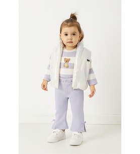 Kız Bebek 3’lü Takım Yelekli Teddy Nakışlı Sweatshirt ve Fiyonklu Pantolon Lila (9-12-18-24 Ay) 10695