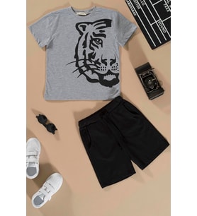 Kaplan Baskılı Siyah Tshirt Şort Takım