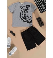 Kaplan Baskılı Siyah Tshirt Şort Takım