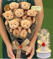 Kişiye Özel Büyük Boy 7'li Tasarım Peluş Ayıcık Buketi ve Led Işıklı Beyaz Melekli Fanus (Model 2)