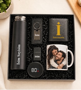 Kişiye Özel Premium Kutu Dijital Göstergeli Termos Bardak Fotoğraflı Kupa Bardak Erkek Aksesuar Set Lüx Metal Anahtarlık Metal Çakmak Mekanizmalı Cüzdan