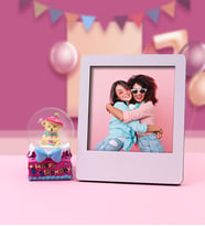 Ayıcıklı Happy Birthday Kar Küre & Beyaz İnstagram Çerçeve Hediye Seti