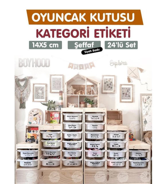 Oyuncak Dolabı Kutusu Kategori Etiketi Türkçe, Organizer Etiketi Şeffaf Etiket Düzenleme Organizer Siyah-T942