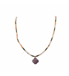 Yonca Şekilli Güneş taşı, Pembe Opal, Hematit, Ametist Doğal Taş Kolye 50cm - 6mm
