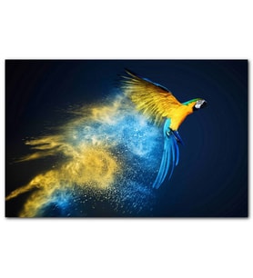 Cakatablo Sarı Mavi Yeşil Macaw Papağanı ve Renkli Kanat İzleri MDF Tablo
