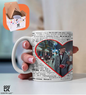 Kişiye Özel 100 Dilde Seni Seviyorum Tasarımlı Kalp Fotoğraf Baskılı Premium Porselen Kupa - GDTK-901026 (Beyaz)