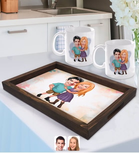 BK Gift Kişiye Özel Sevgililer Karikatürlü Doğal Ahşap Tepsi ve 2’li Kupa Bardak Seti-80