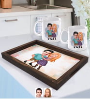 BK Gift Kişiye Özel Sevgililer Karikatürlü Doğal Ahşap Tepsi ve 2’li Kupa Bardak Seti-80