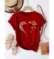 Unisex Leopar Kelebekli Kalp Tasarım Basklı Tshirt (A.Kırmızı)