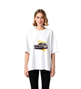 Klasik Coupe Krom Şemsiye Retro Tasarım Baskılı Kadın Oversize Tişört