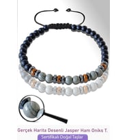 Sertifikalı Gerçek Oniks - Hematit - Harita Jasper Taşı Bileklik - Ayarlamalı (Çok Renkli)
