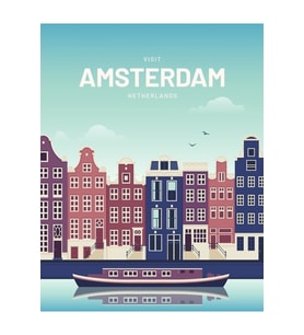 Amsterdam Hollanda Vektör Çizim Tablo Ahşap Poster Dekoratif
