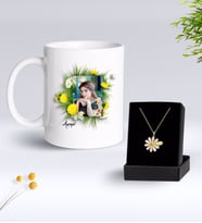 BK Gift Kişiye Özel Papatya Temalı Fotoğraflı Kupa ve Papatya Kolye Seti-3 (Model 1)
