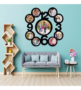 Kişiye Özel Ahşap 9 Fotoğraflı  Dekoratif Duvar Saati (UV BASKI) UV-Baskı teknolojisiyle gerçekleştirilen bu üründe fotoğraflarınız solma ve çıkma yapmaz. (Siyah)