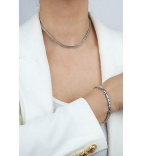 Ezme Zincir Gümüş Renk Choker Kolye Bleklik Set