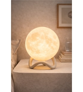 Dekoratif Ay Lambası  3D Baskı Minimal Gece Lambası  Ahşap Dokulu Stand (Kahverengi-Beyaz)