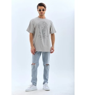 Unisex Oversize Taşlı Bisiklet Yaka T-Shirt - Gri