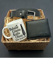 Babalar Gününe Özel Kravat Tasarımlı Kişiye Özel Kupa & Cüzdan & Kemer Hediye Seti