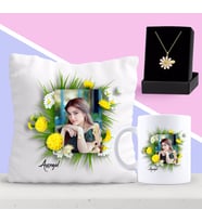 BK Gift Kişiye Özel Papatya Temalı Fotoğraflı Yastık Kupa ve Papatya Kolye Seti 3 (Model 1)