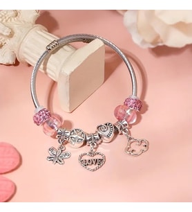 Pandora Tarz ,Pembe Love Kelebek, Sevgi Temalı, Charmlı Bİleklik, Ahşap Kutu içerisinde