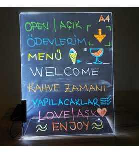Yaz Sil Işıklı Neon Tabela Kalemli Pilli Yazı Tahtası Işıklı Yazı Panosu LED Tabela A4 (21x29cm)