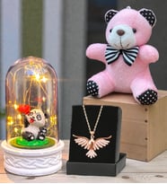 Anka Kuşu Kolye, Peluş Anahtarlık ve Led Işıklı Fanus Premium Hediye Seti (Model 4)