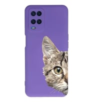 Oppo A54 Uyumlu Lansman Kılıf Catface Tasarımlı İçi Kadife Kapak-Mor (Şeffaf)