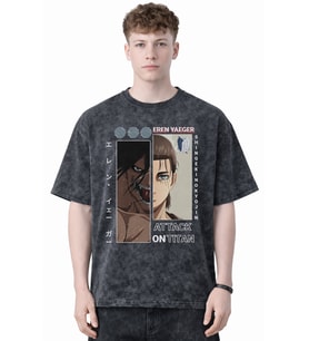 Tasarım Eren Yeager Attack On Titan Anime Baskılı Unisex Oversize Eskitme Yıkamalı Tişört