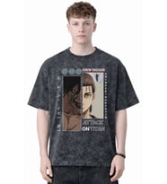 Tasarım Eren Yeager Attack On Titan Anime Baskılı Unisex Oversize Eskitme Yıkamalı Tişört