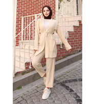Cep Detaylı Kimono Takım Bej