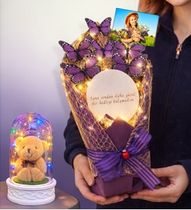 Size Özel Fotoğraflı Led Işıklı Aynalı Kelebek Buketi & Renkli Led Işıklı Fanuslu (Model 4)