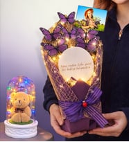 Size Özel Fotoğraflı Led Işıklı Aynalı Kelebek Buketi & Renkli Led Işıklı Fanuslu (Model 4)