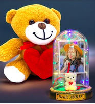 Kişiye Özel Renkli Led Işıklı Fanus ve Kalpli Peluş Ayıcık Hediye Seti (Model 1)