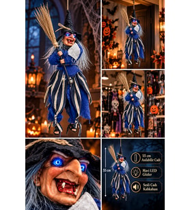 Halloween 55 cm Sesli Işıklı Cadı Süsü Mavi LED Gözlü Asılabilir Cadılar Bayramı Dekoru