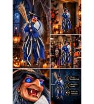 Halloween 55 cm Sesli Işıklı Cadı Süsü Mavi LED Gözlü Asılabilir Cadılar Bayramı Dekoru