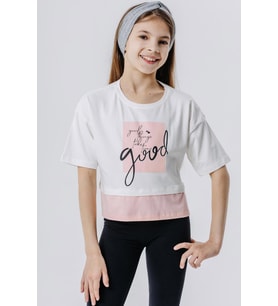 Breeze Kız Çocuk Crop Tişört Yazı Baskılı Yanları Yırtmaçlı 9-14 Yaş, Ekru
