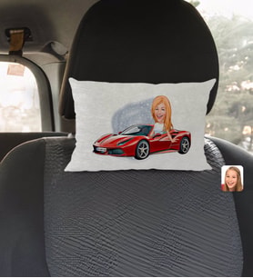 BK Gift Kişiye Özel Plakalı Kadın Ferrari F12 Karikatürlü Dikdörtgen Araç Koltuk Yastığı-1